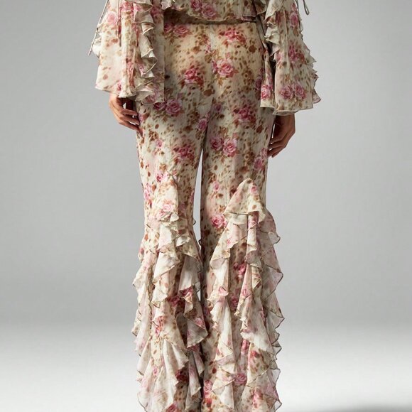 Multicolor Boho Women's Floral Ruffled Bell Bottom Pants - Picture 2 of 5